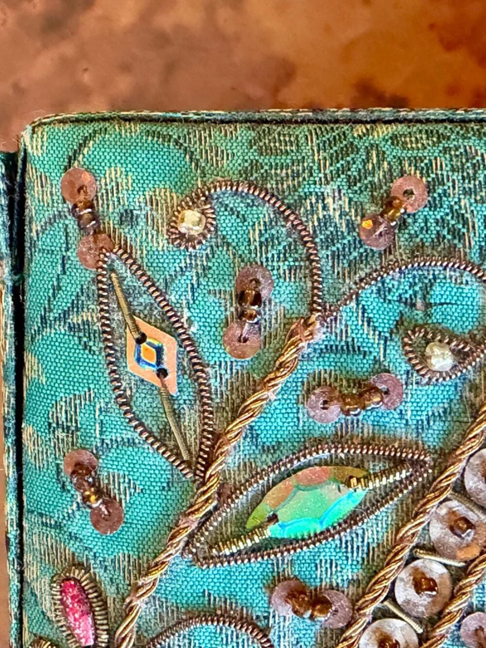 Turquoise Beaded Embroidered Jewelry Box Mirror Trinket Case 7.5 x 5 x 2.5